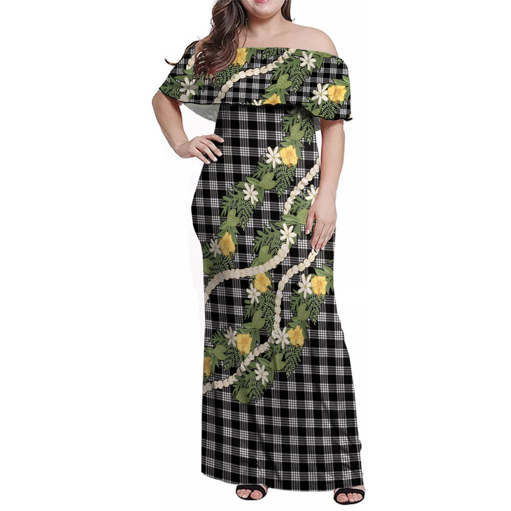 Aloha Puakenikeni Anthurium Pikake Lei Family Matching Off Shoulder Maxi Dress and Hawaiian Shirt Black Hawaiian Palaka Pattern