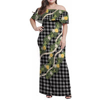 Aloha Puakenikeni Anthurium Pikake Lei Family Matching Off Shoulder Maxi Dress and Hawaiian Shirt Black Hawaiian Palaka Pattern