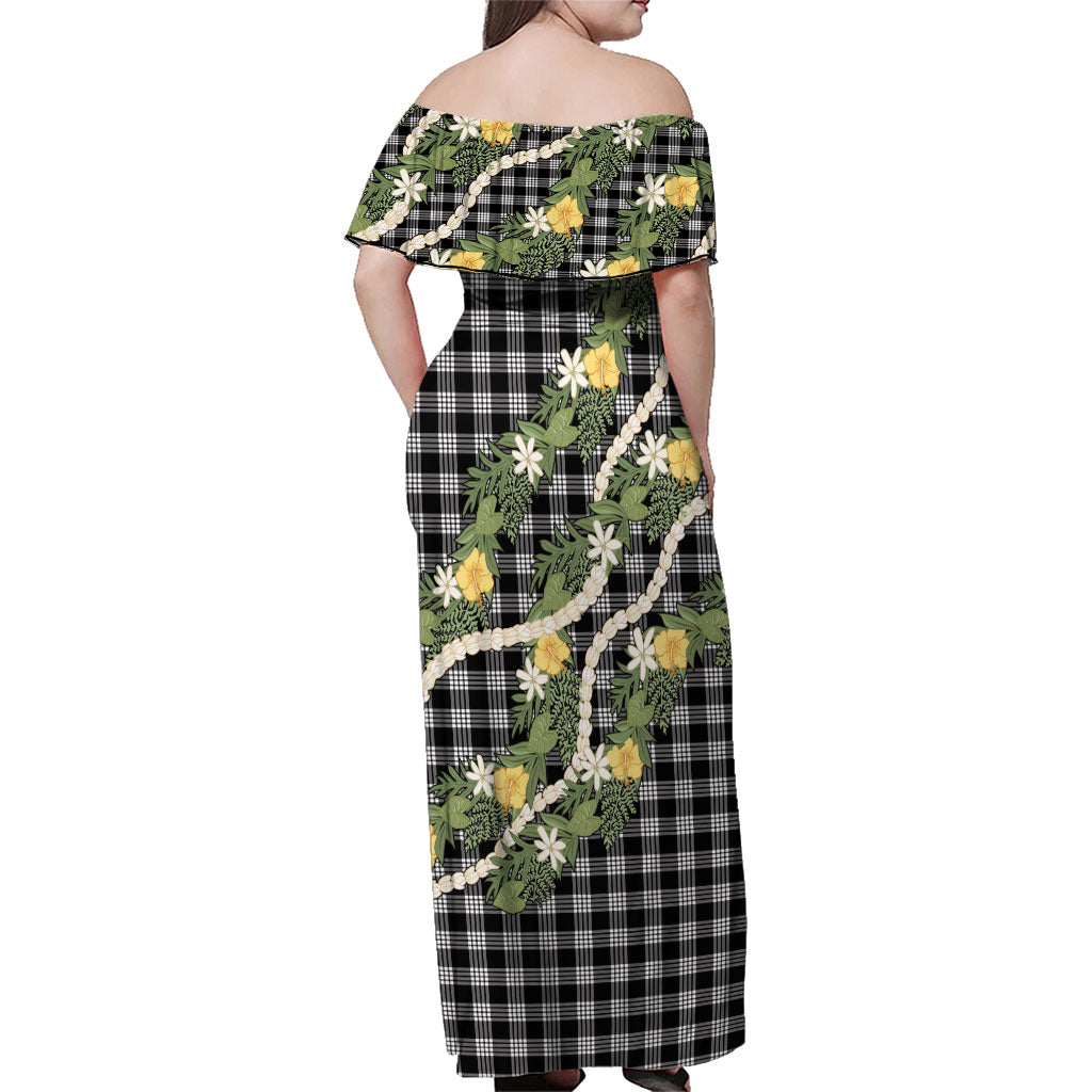 Aloha Puakenikeni Anthurium Pikake Lei Family Matching Off Shoulder Maxi Dress and Hawaiian Shirt Black Hawaiian Palaka Pattern