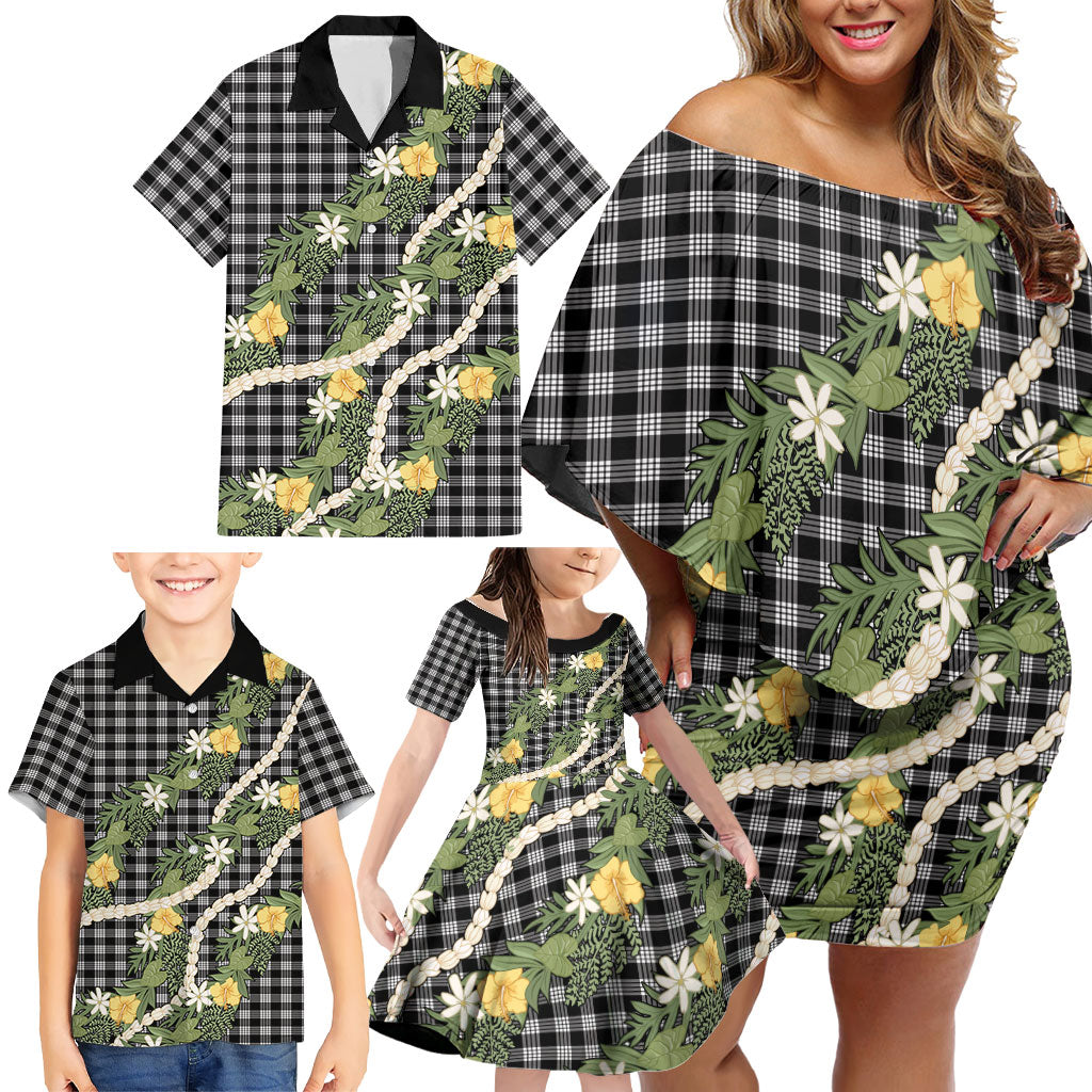 Aloha Puakenikeni Anthurium Pikake Lei Family Matching Off Shoulder Short Dress and Hawaiian Shirt Black Hawaiian Palaka Pattern