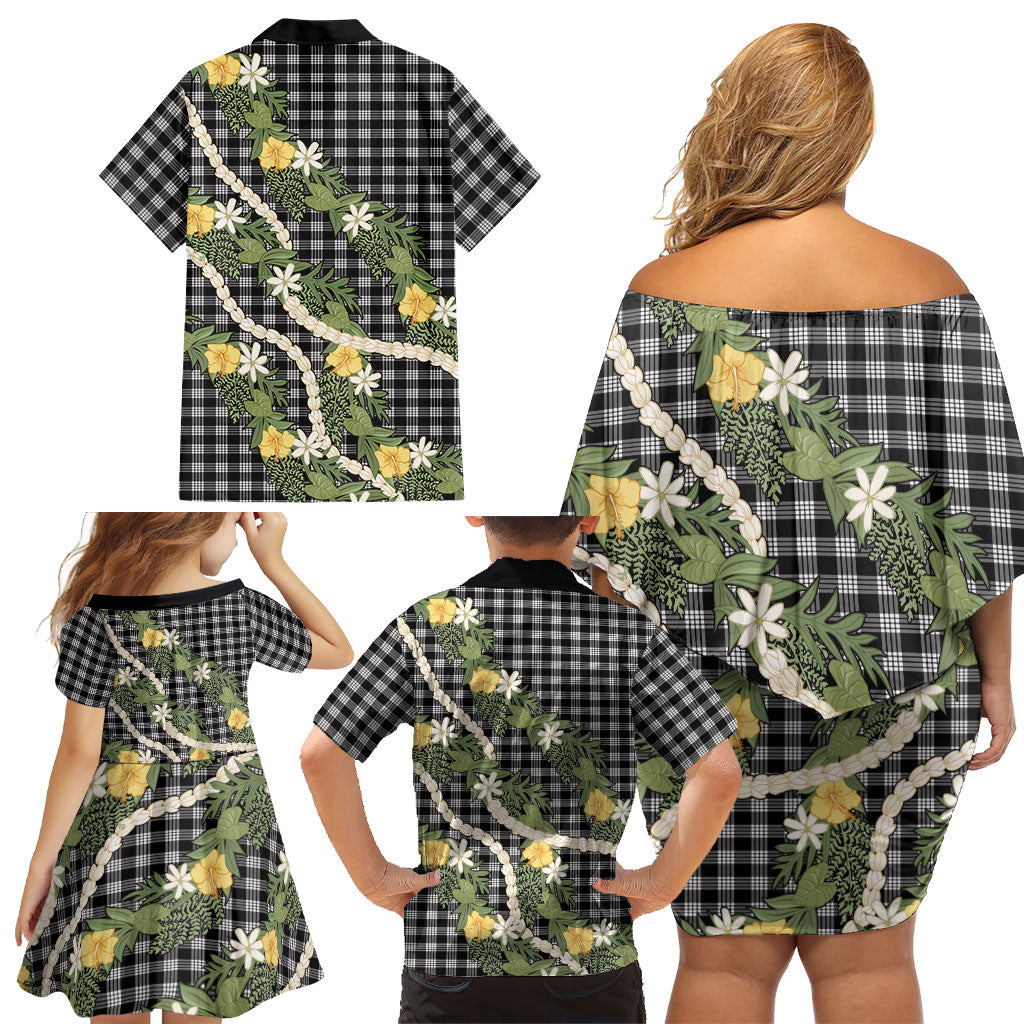 Aloha Puakenikeni Anthurium Pikake Lei Family Matching Off Shoulder Short Dress and Hawaiian Shirt Black Hawaiian Palaka Pattern