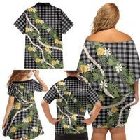 Aloha Puakenikeni Anthurium Pikake Lei Family Matching Off Shoulder Short Dress and Hawaiian Shirt Black Hawaiian Palaka Pattern