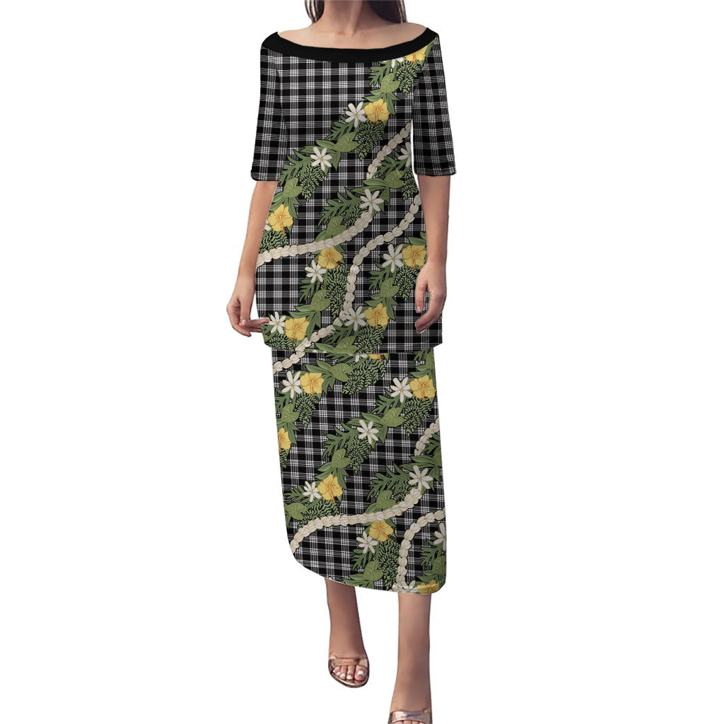 Aloha Puakenikeni Anthurium Pikake Lei Family Matching Puletasi and Hawaiian Shirt Black Hawaiian Palaka Pattern