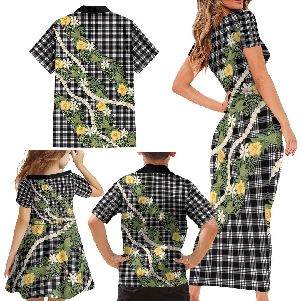 Aloha Puakenikeni Anthurium Pikake Lei Family Matching Short Sleeve Bodycon Dress and Hawaiian Shirt Black Hawaiian Palaka Pattern