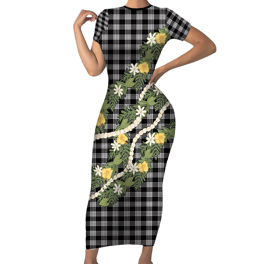 Aloha Puakenikeni Anthurium Pikake Lei Family Matching Short Sleeve Bodycon Dress and Hawaiian Shirt Black Hawaiian Palaka Pattern