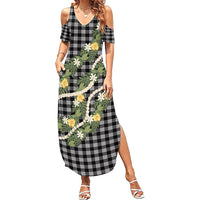Aloha Puakenikeni Anthurium Pikake Lei Family Matching Summer Maxi Dress and Hawaiian Shirt Black Hawaiian Palaka Pattern