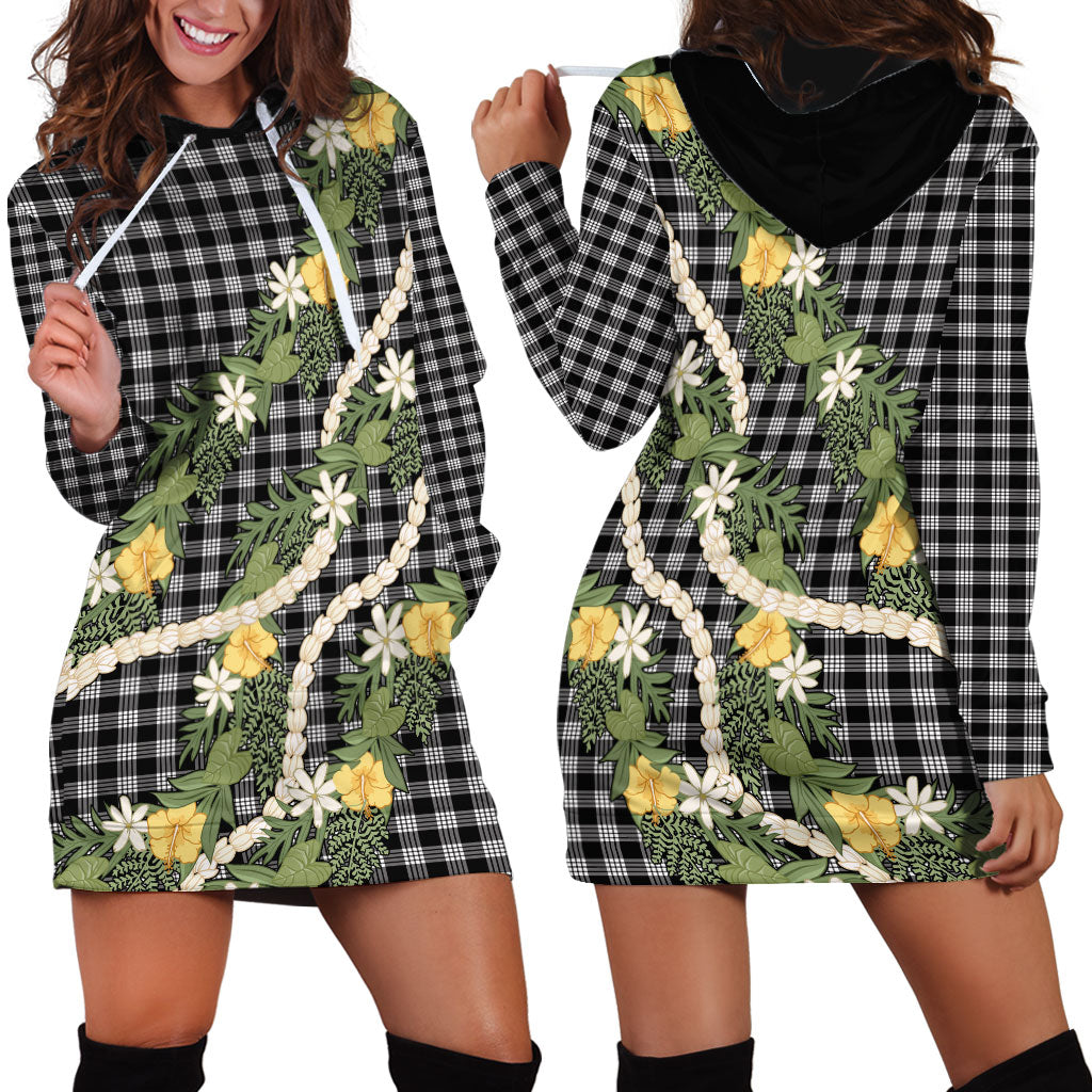 Aloha Puakenikeni Anthurium Pikake Lei Hoodie Dress Black Hawaiian Palaka Pattern