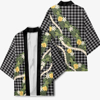 Aloha Puakenikeni Anthurium Pikake Lei Kimono Black Hawaiian Palaka Pattern