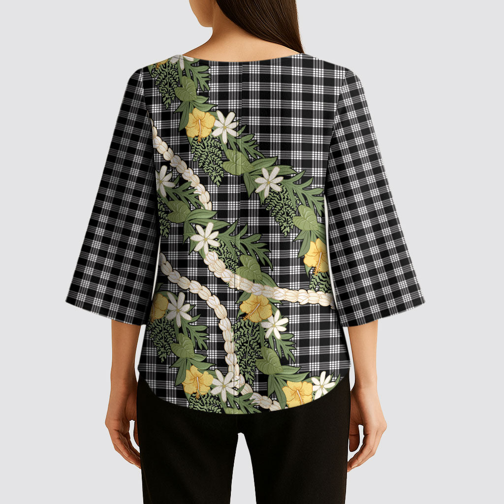 Aloha Puakenikeni Anthurium Pikake Lei Kimono Sleeve Blouse Black Hawaiian Palaka Pattern