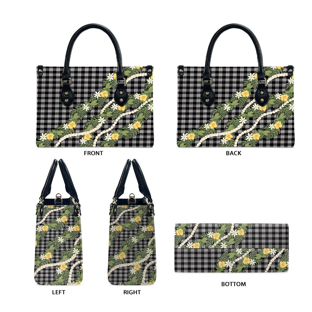 Aloha Puakenikeni Anthurium Pikake Lei Leather Bag Black Hawaiian Palaka Pattern