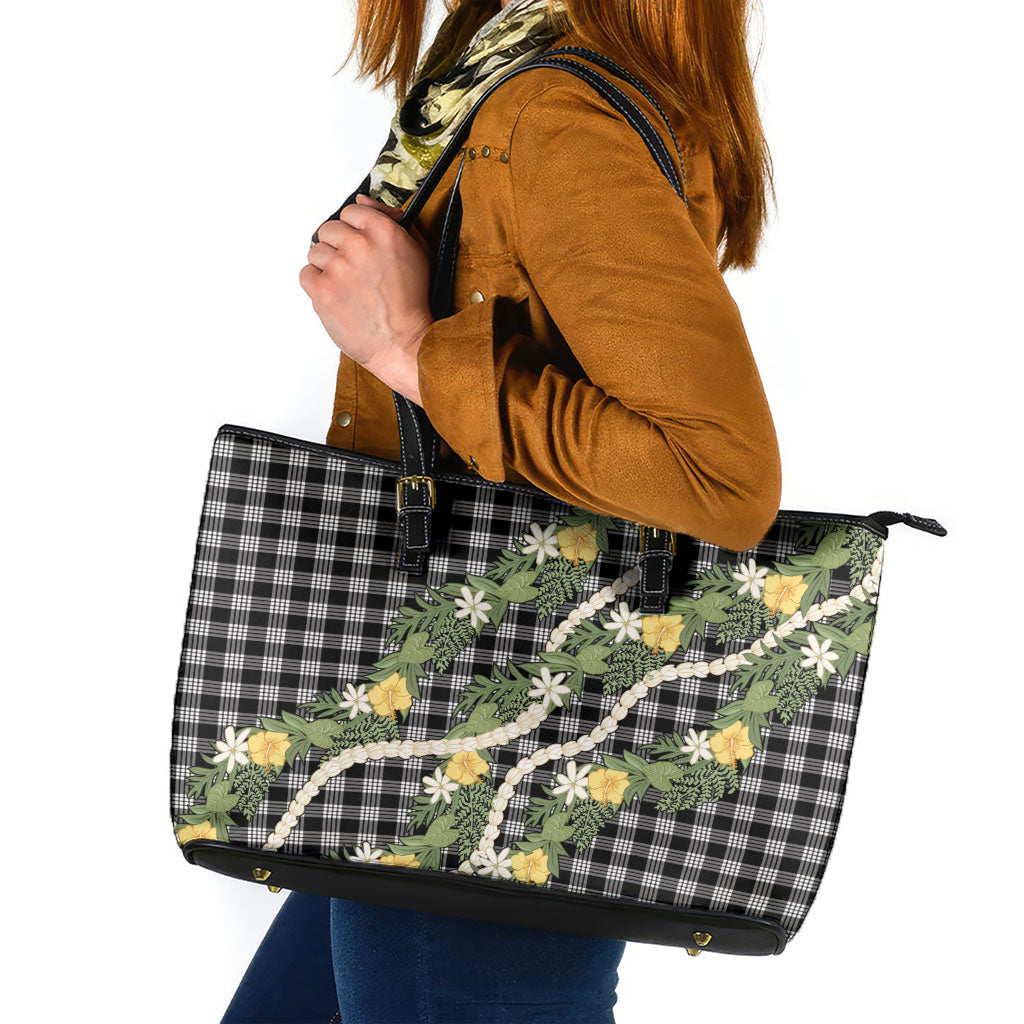 Aloha Puakenikeni Anthurium Pikake Lei Leather Tote Bag Black Hawaiian Palaka Pattern LT9 Black - Polynesian Pride