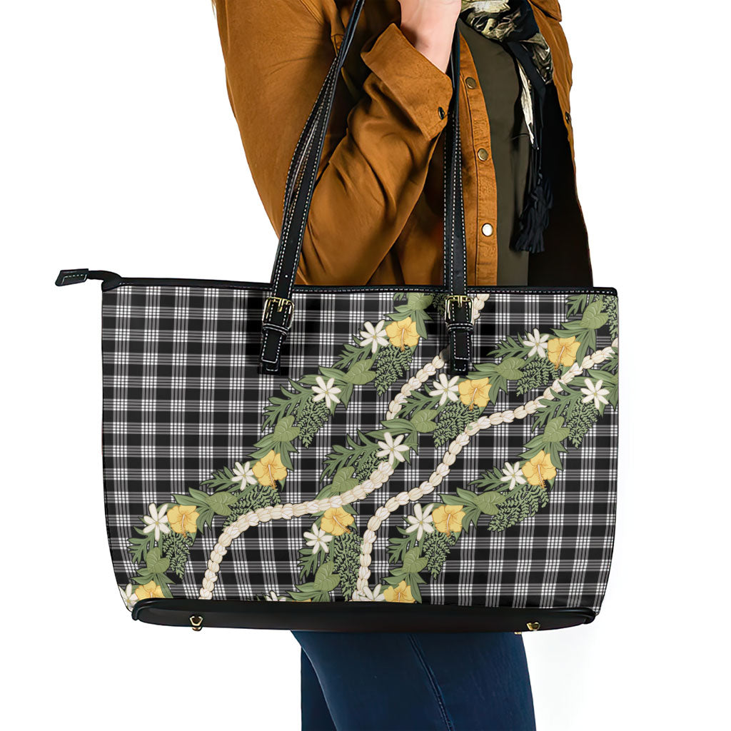 Aloha Puakenikeni Anthurium Pikake Lei Leather Tote Bag Black Hawaiian Palaka Pattern LT9 - Polynesian Pride