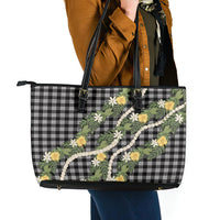 Aloha Puakenikeni Anthurium Pikake Lei Leather Tote Bag Black Hawaiian Palaka Pattern LT9 - Polynesian Pride