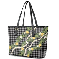 Aloha Puakenikeni Anthurium Pikake Lei Leather Tote Bag Black Hawaiian Palaka Pattern LT9 - Polynesian Pride