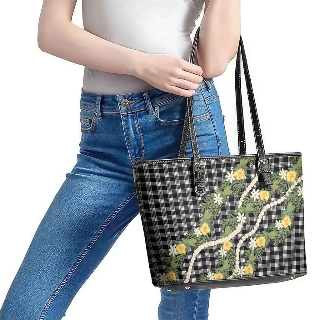 Aloha Puakenikeni Anthurium Pikake Lei Leather Tote Bag Black Hawaiian Palaka Pattern LT9 - Polynesian Pride