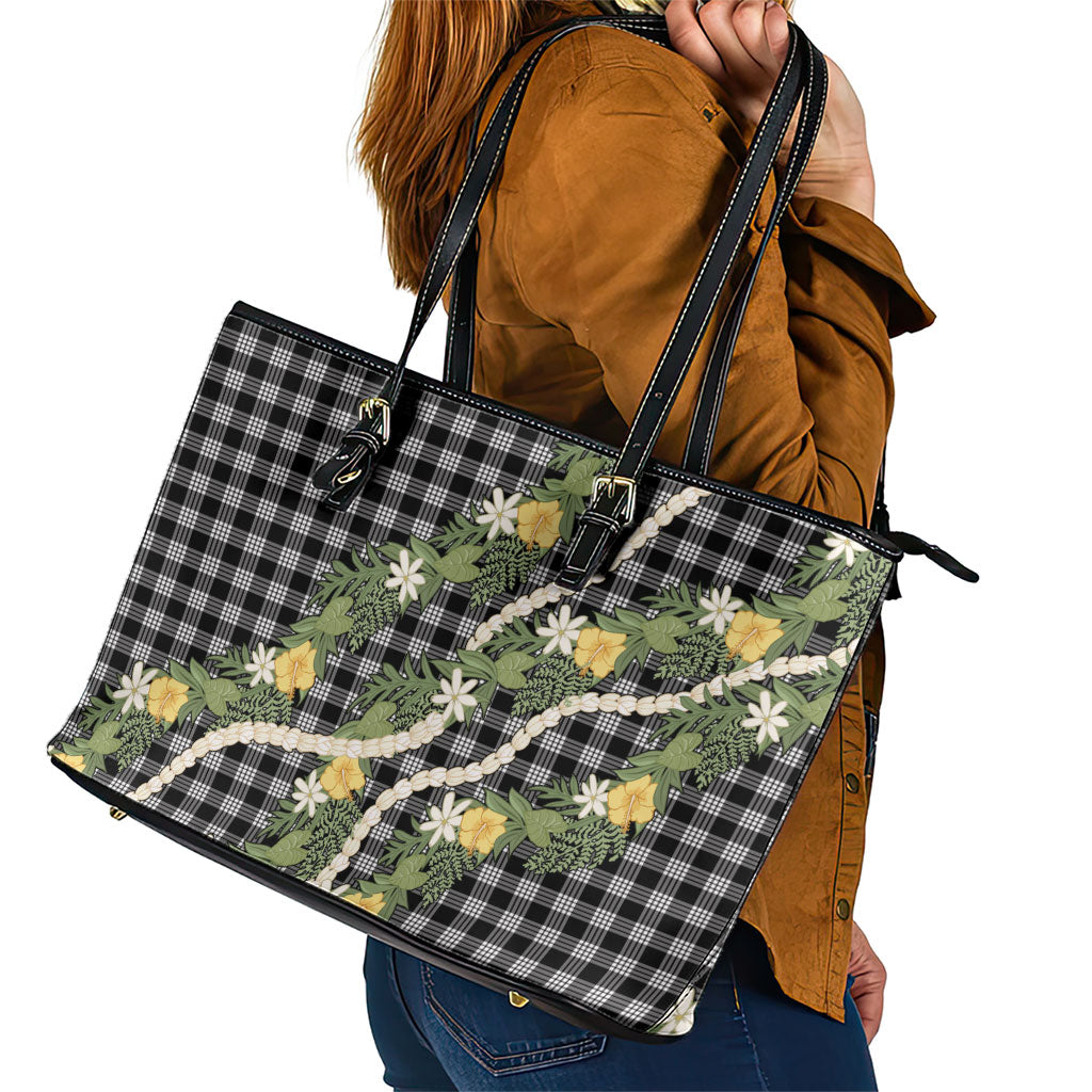 Aloha Puakenikeni Anthurium Pikake Lei Leather Tote Bag Black Hawaiian Palaka Pattern LT9 - Polynesian Pride