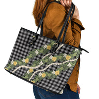Aloha Puakenikeni Anthurium Pikake Lei Leather Tote Bag Black Hawaiian Palaka Pattern LT9 - Polynesian Pride