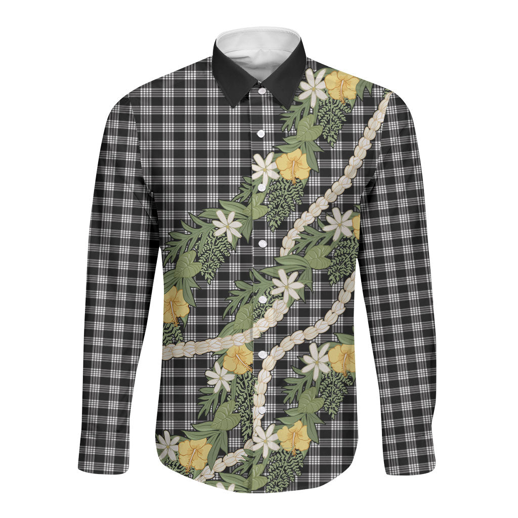 Aloha Puakenikeni Anthurium Pikake Lei Long Sleeve Button Shirt Black Hawaiian Palaka Pattern LT9 Unisex Black - Polynesian Pride