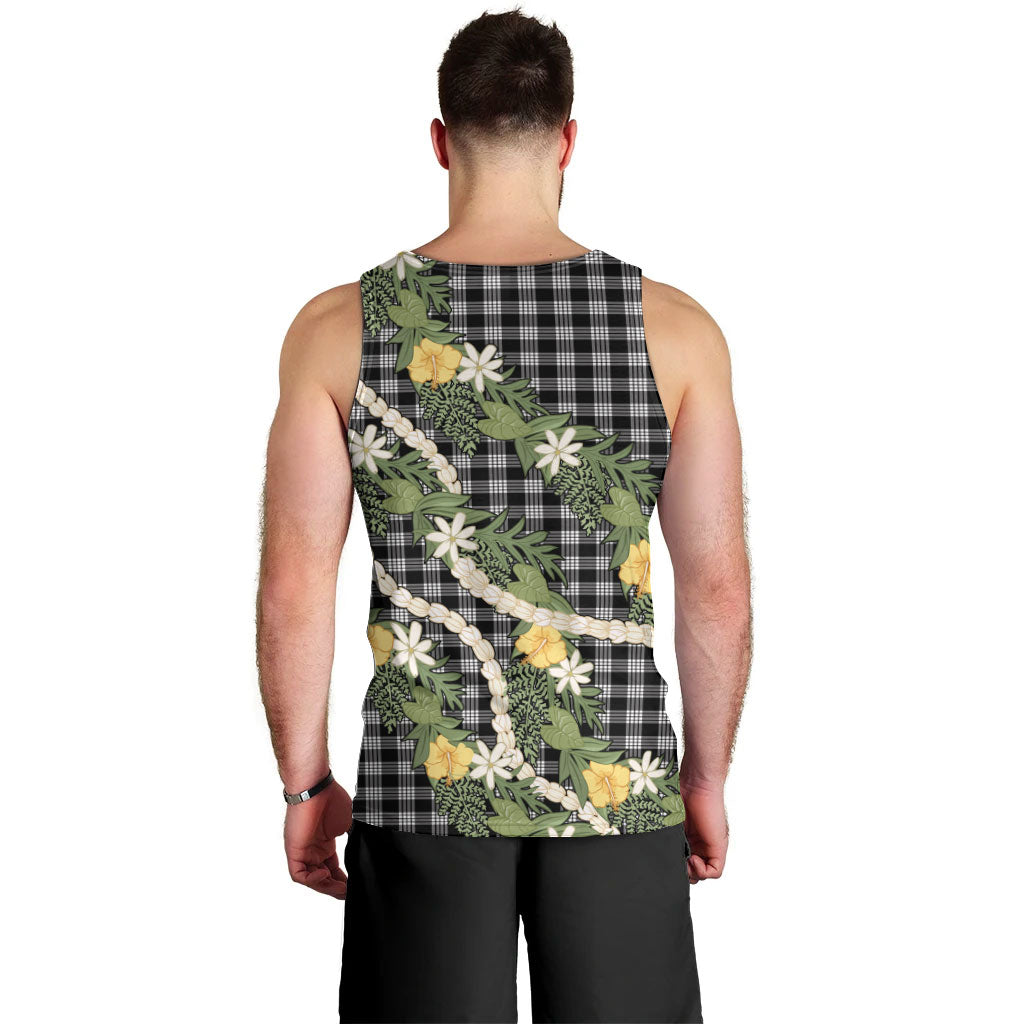 Aloha Puakenikeni Anthurium Pikake Lei Men Tank Top Black Hawaiian Palaka Pattern LT9 - Polynesian Pride