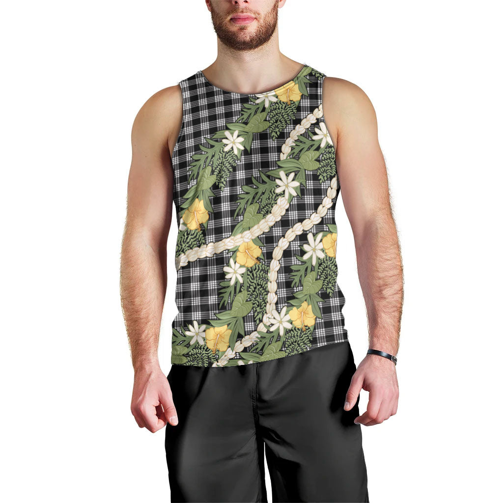 Aloha Puakenikeni Anthurium Pikake Lei Men Tank Top Black Hawaiian Palaka Pattern LT9 - Polynesian Pride