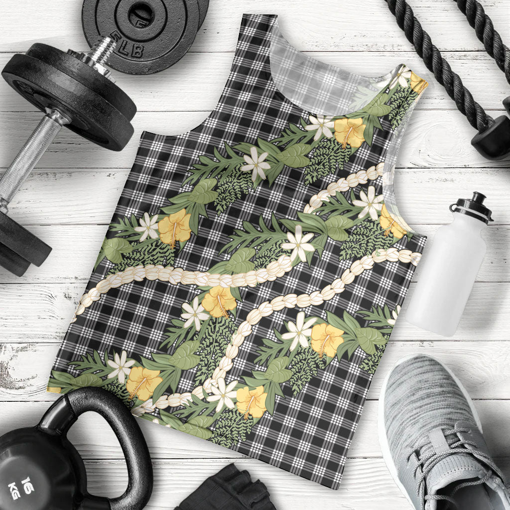 Aloha Puakenikeni Anthurium Pikake Lei Men Tank Top Black Hawaiian Palaka Pattern LT9 - Polynesian Pride