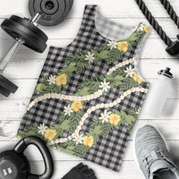 Aloha Puakenikeni Anthurium Pikake Lei Men Tank Top Black Hawaiian Palaka Pattern LT9 - Polynesian Pride