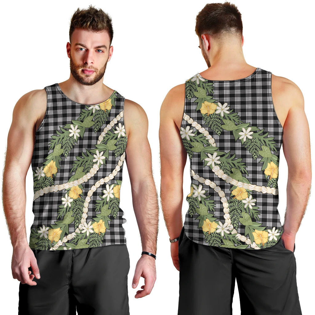 Aloha Puakenikeni Anthurium Pikake Lei Men Tank Top Black Hawaiian Palaka Pattern LT9 - Polynesian Pride