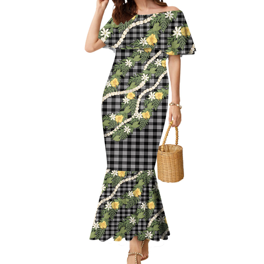 Aloha Puakenikeni Anthurium Pikake Lei Mermaid Dress Black Hawaiian Palaka Pattern