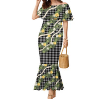 Aloha Puakenikeni Anthurium Pikake Lei Mermaid Dress Black Hawaiian Palaka Pattern