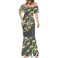 Aloha Puakenikeni Anthurium Pikake Lei Mermaid Dress Black Hawaiian Palaka Pattern