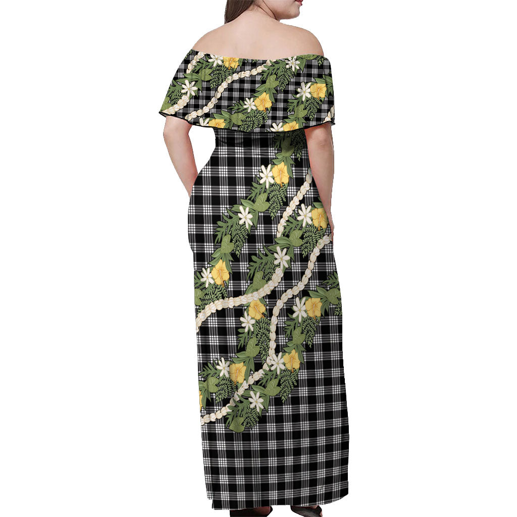 Aloha Puakenikeni Anthurium Pikake Lei Off Shoulder Maxi Dress Black Hawaiian Palaka Pattern