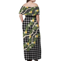 Aloha Puakenikeni Anthurium Pikake Lei Off Shoulder Maxi Dress Black Hawaiian Palaka Pattern