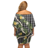 Aloha Puakenikeni Anthurium Pikake Lei Off Shoulder Short Dress Black Hawaiian Palaka Pattern