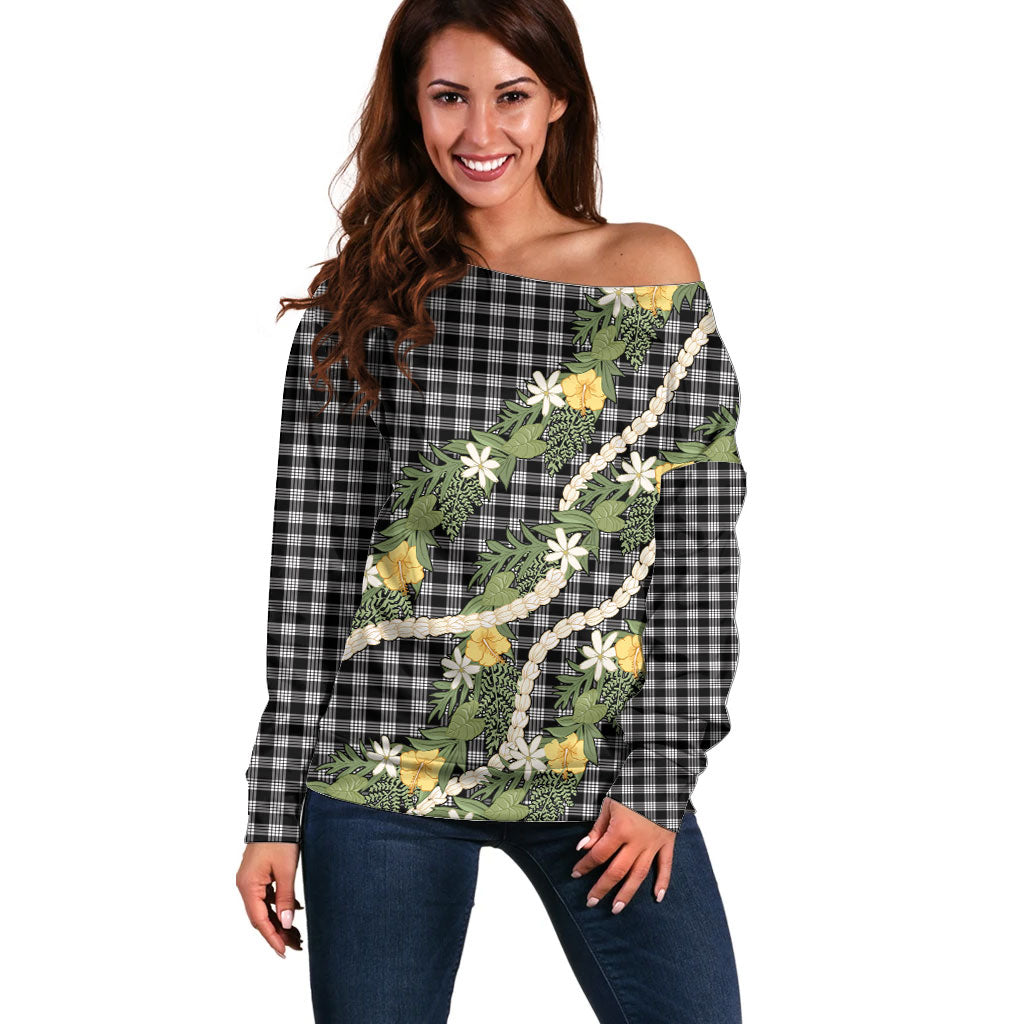 Aloha Puakenikeni Anthurium Pikake Lei Off Shoulder Sweater Black Hawaiian Palaka Pattern LT9 Women Black - Polynesian Pride