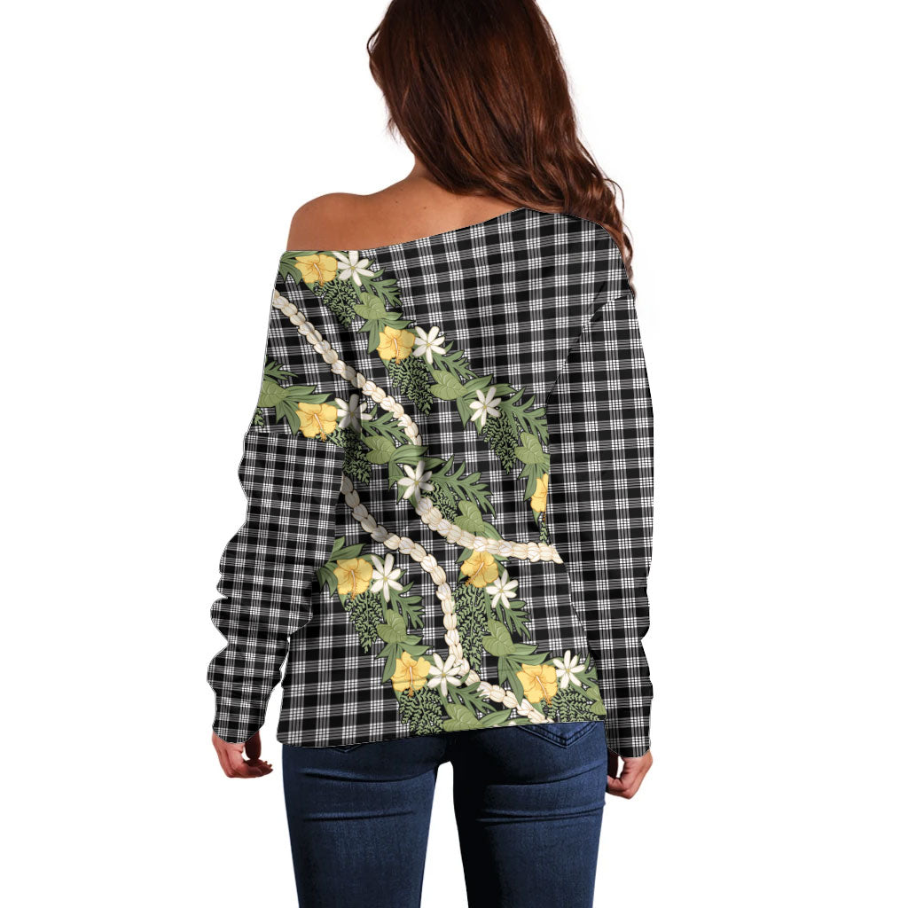 Aloha Puakenikeni Anthurium Pikake Lei Off Shoulder Sweater Black Hawaiian Palaka Pattern LT9 - Polynesian Pride