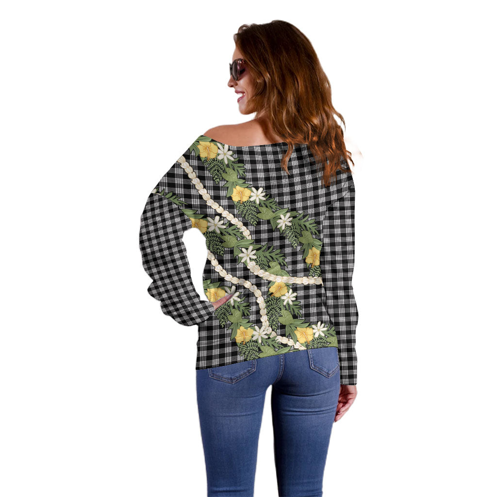 Aloha Puakenikeni Anthurium Pikake Lei Off Shoulder Sweater Black Hawaiian Palaka Pattern LT9 - Polynesian Pride