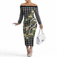 Aloha Puakenikeni Anthurium Pikake Lei Off The Shoulder Long Sleeve Dress Black Hawaiian Palaka Pattern LT9 Women Black - Polynesian Pride