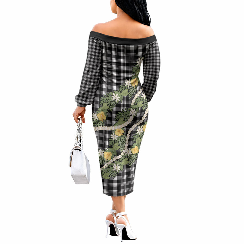 Aloha Puakenikeni Anthurium Pikake Lei Off The Shoulder Long Sleeve Dress Black Hawaiian Palaka Pattern LT9 - Polynesian Pride