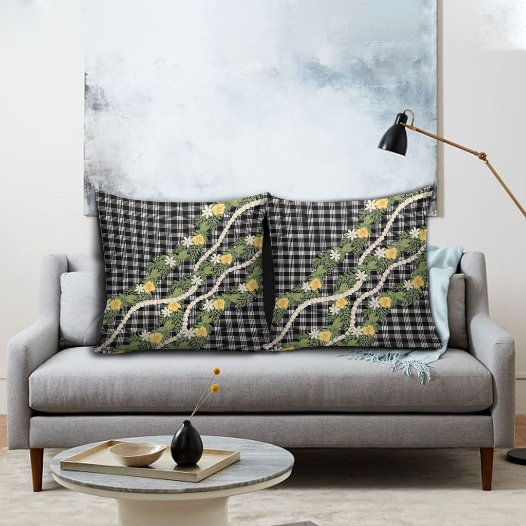 Aloha Puakenikeni Anthurium Pikake Lei Pillow Cover Black Hawaiian Palaka Pattern