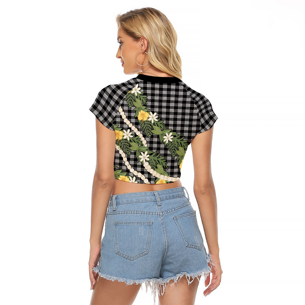 Aloha Puakenikeni Anthurium Pikake Lei Raglan Cropped T Shirt Black Hawaiian Palaka Pattern