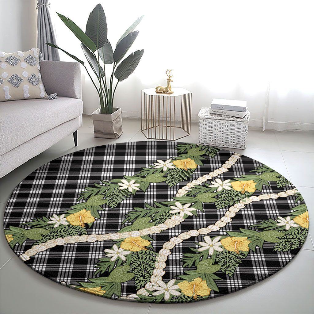 Aloha Puakenikeni Anthurium Pikake Lei Round Carpet Black Hawaiian Palaka Pattern LT9 - Polynesian Pride