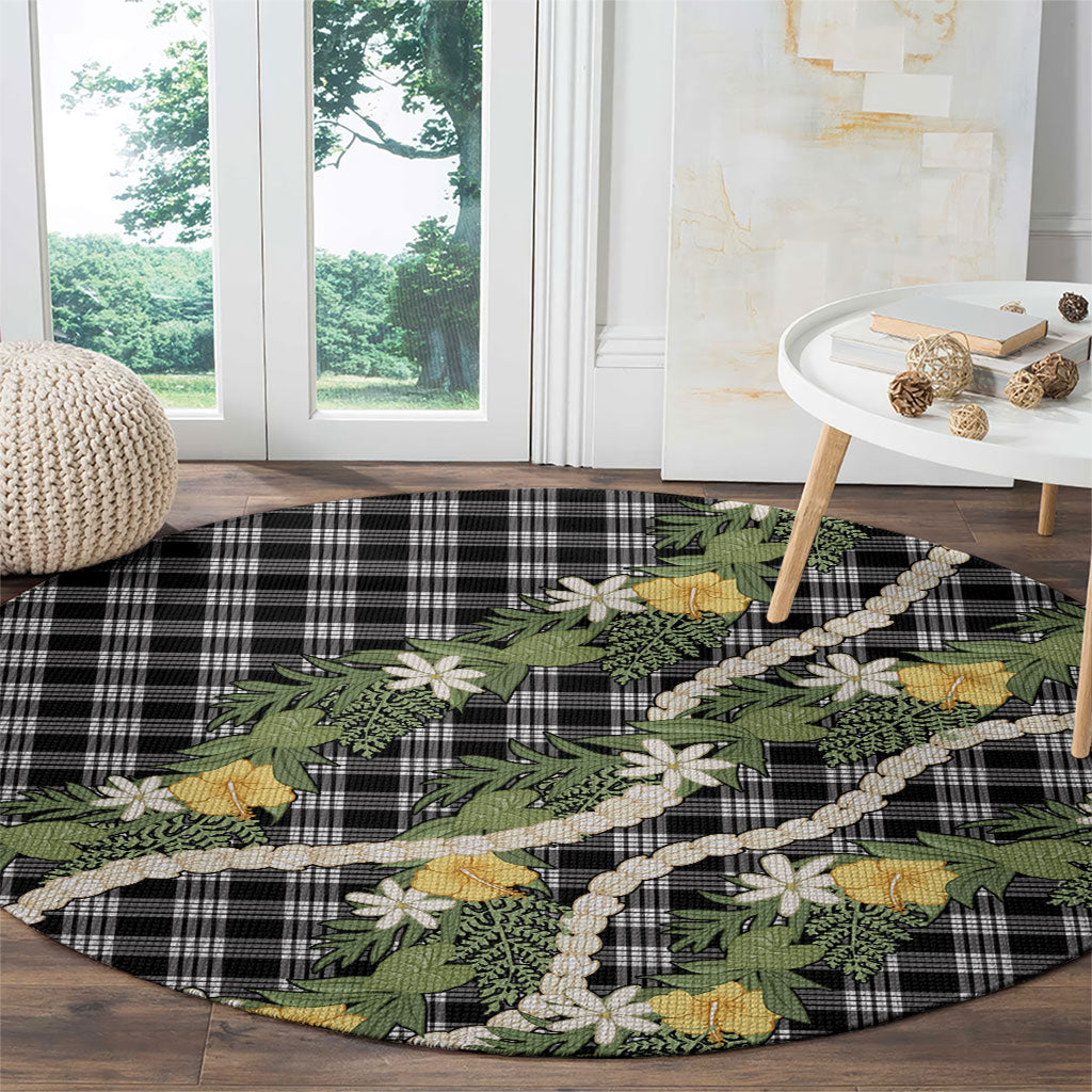 Aloha Puakenikeni Anthurium Pikake Lei Round Carpet Black Hawaiian Palaka Pattern LT9 - Polynesian Pride