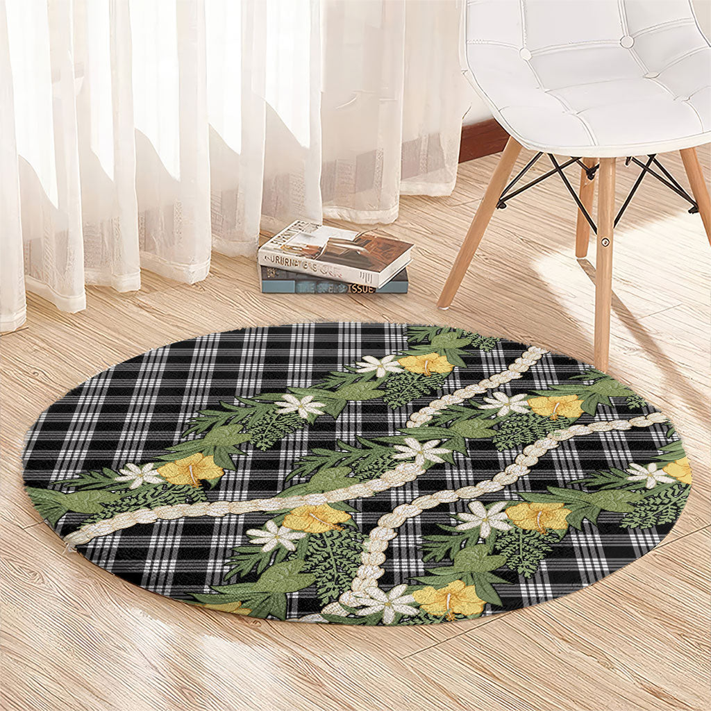 Aloha Puakenikeni Anthurium Pikake Lei Round Carpet Black Hawaiian Palaka Pattern LT9 - Polynesian Pride