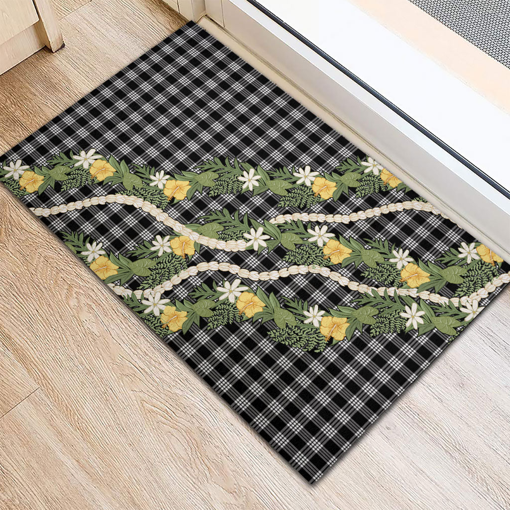 Aloha Puakenikeni Anthurium Pikake Lei Rubber Doormat Black Hawaiian Palaka Pattern