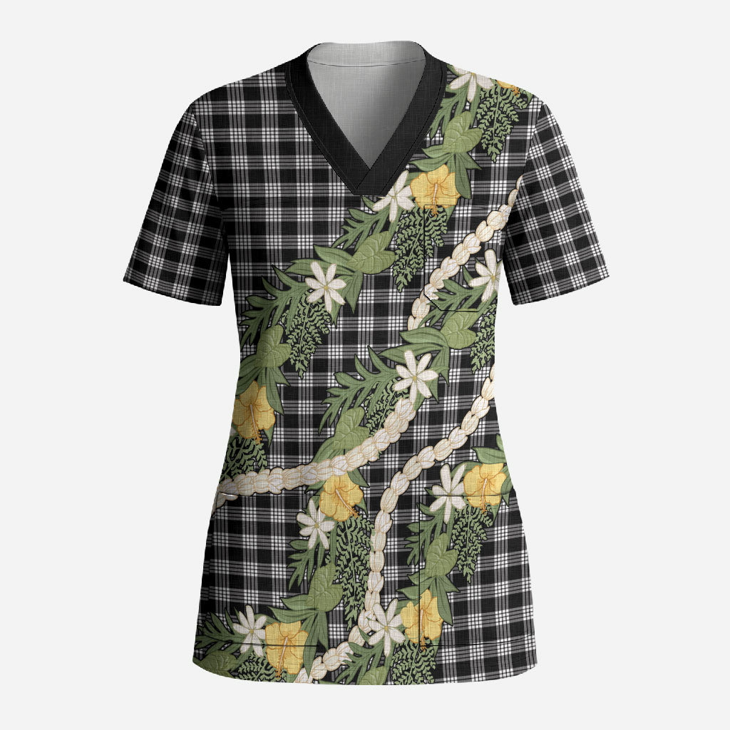 Aloha Puakenikeni Anthurium Pikake Lei Scrub Top Black Hawaiian Palaka Pattern