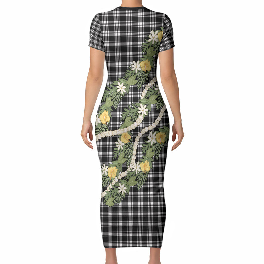Aloha Puakenikeni Anthurium Pikake Lei Short Sleeve Bodycon Dress Black Hawaiian Palaka Pattern LT9 - Polynesian Pride