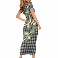 Aloha Puakenikeni Anthurium Pikake Lei Short Sleeve Bodycon Dress Black Hawaiian Palaka Pattern LT9 - Polynesian Pride