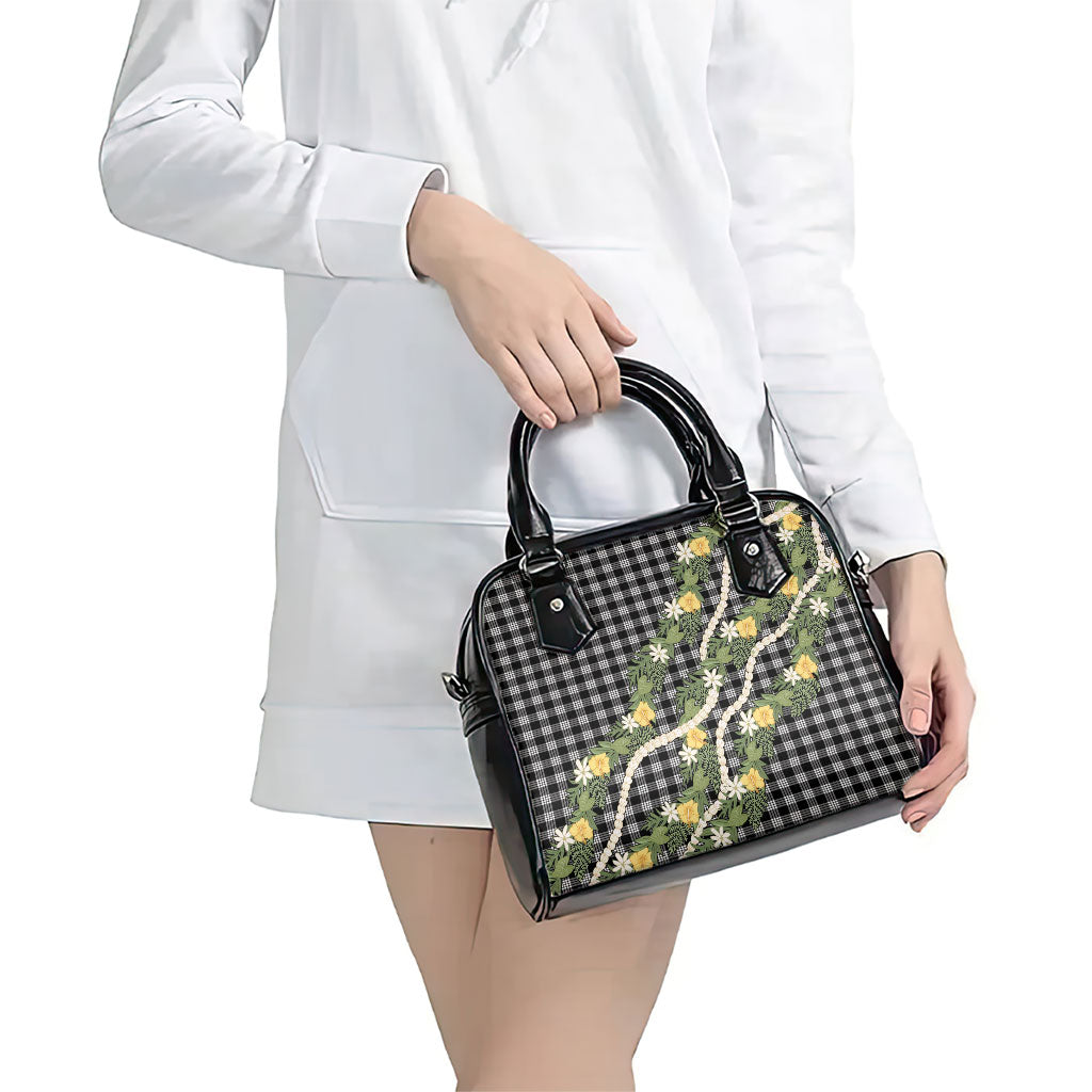 Aloha Puakenikeni Anthurium Pikake Lei Shoulder Handbag Black Hawaiian Palaka Pattern