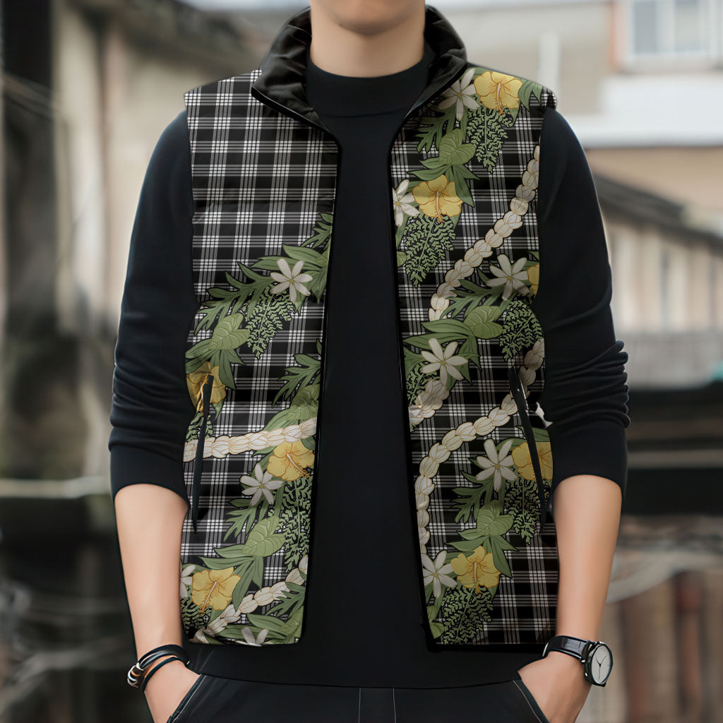 Aloha Puakenikeni Anthurium Pikake Lei Sleeveless Puffer Jacket Black Hawaiian Palaka Pattern