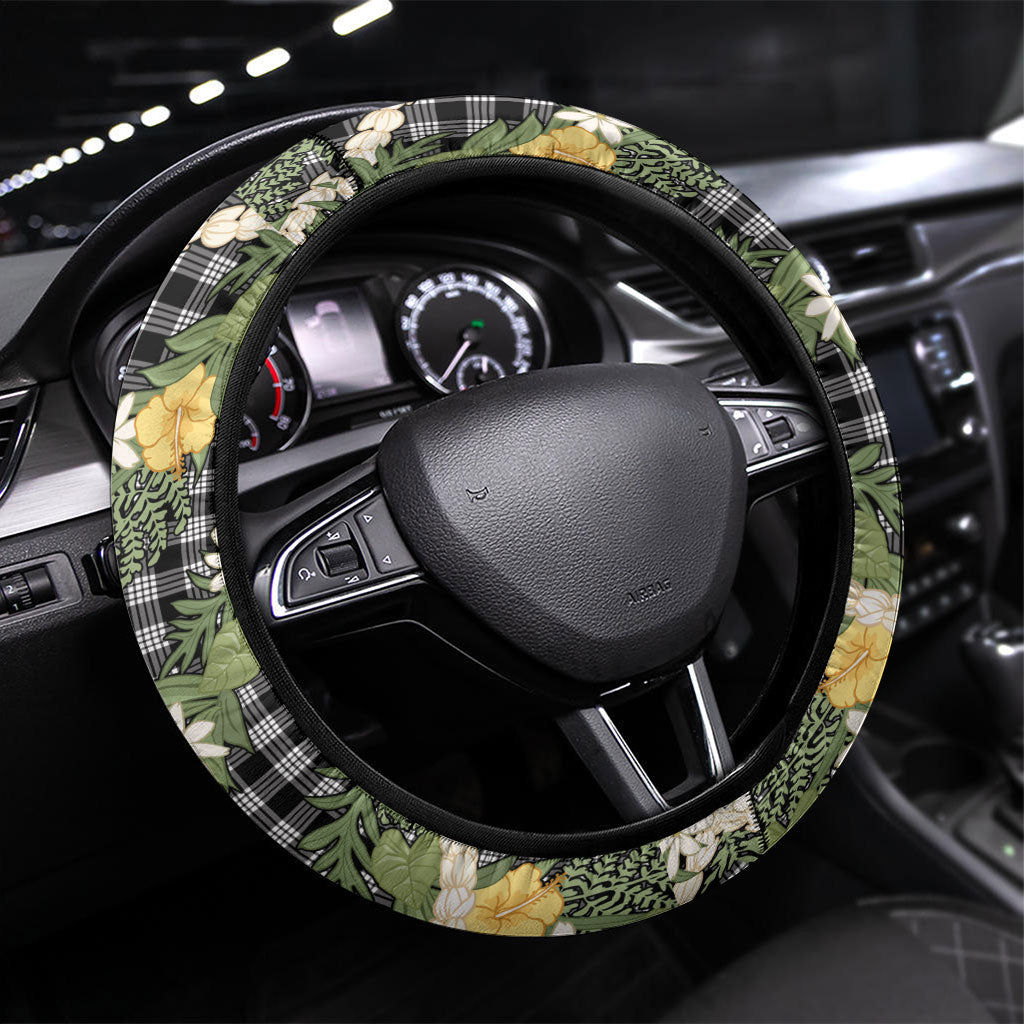Aloha Puakenikeni Anthurium Pikake Lei Steering Wheel Cover Black Hawaiian Palaka Pattern LT9 Universal Fit Black - Polynesian Pride